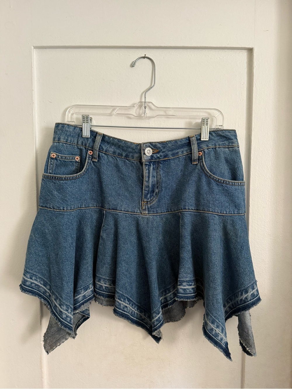 Denim Asymmetrical Drop Waist Fringe Mini Skirt - BDG x Urban Outfitters Large